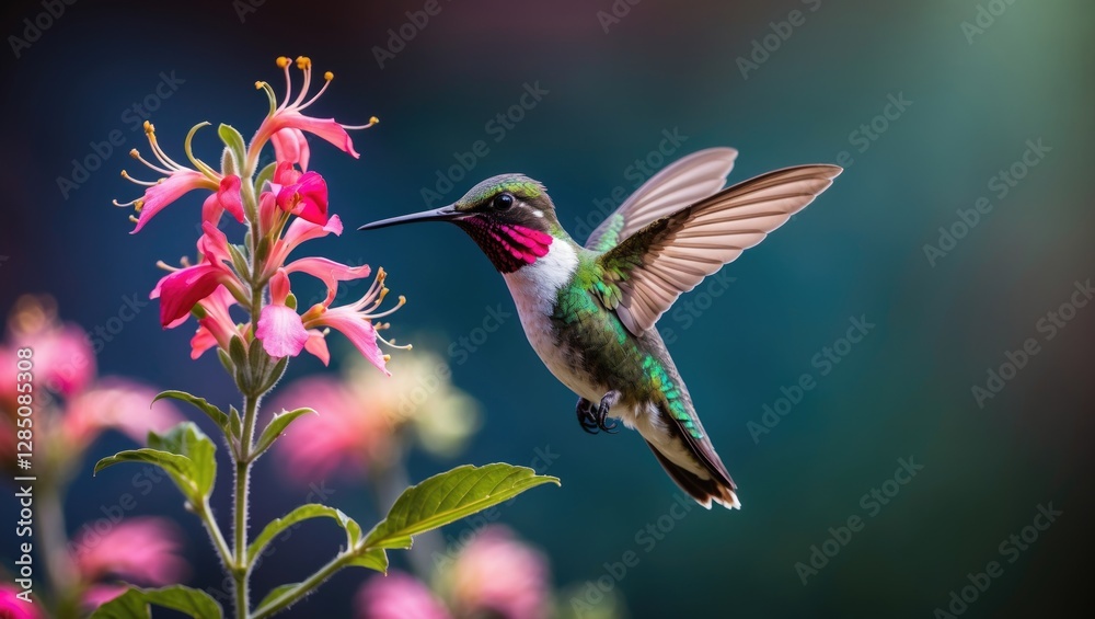 Fototapeta premium Female Ruby-throated hummingbird hovering near a flower, Louisville, Kentucky.