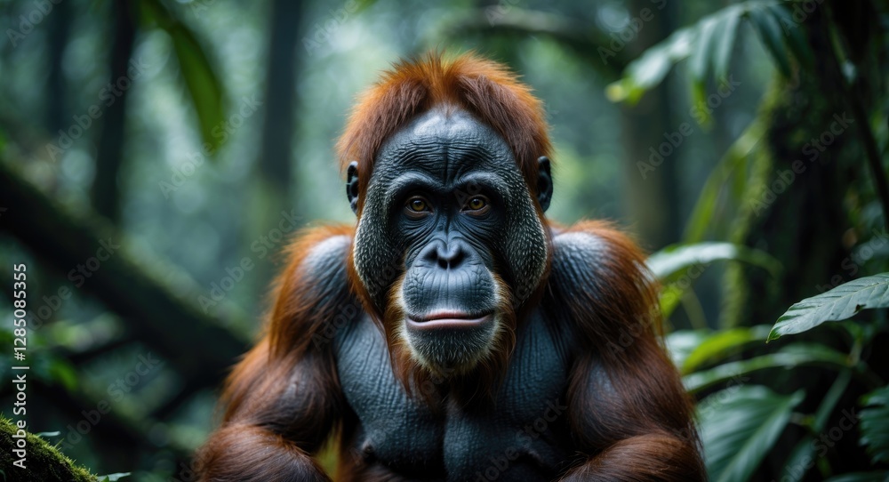 Fototapeta premium Stunning male Sumatran Orangutan (Pongo abelii) spotted during an ecotourism trek in Gunung Leuser National Park, Bukit Lawang, Sumatra, Indonesia.