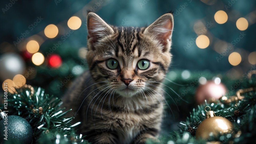 Detailed image of a kitten. Small cat resting within a sparkling garland. Pet care theme. Seasonal greetings. Festive decorations. Tabby breed. New Year's celebration. Merry Christmas. Charming cat... Detailed image of a kitten. Small cat resting within a sparkling garland. Pet care theme. Seasonal greetings. Festive decorations. Tabby breed. New Year's celebration. Merry Christmas. Charming cat...