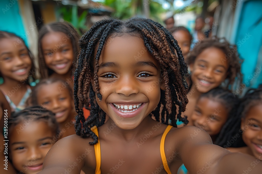 Fototapeta premium Black children take a selfie with a smartphone, capturing a moment and camaraderie among friends.
