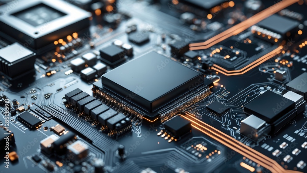 Futuristic Technology Concept with CPU Chip and Circuit Board Illustrating Advances in Artificial Intelligence and Digital Data Flow. Futuristic Technology Concept with CPU Chip and Circuit Board Illustrating Advances in Artificial Intelligence and Digital Data Flow.