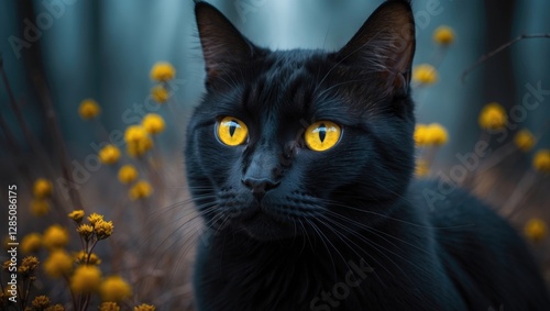 black feline with striking yellow eyes