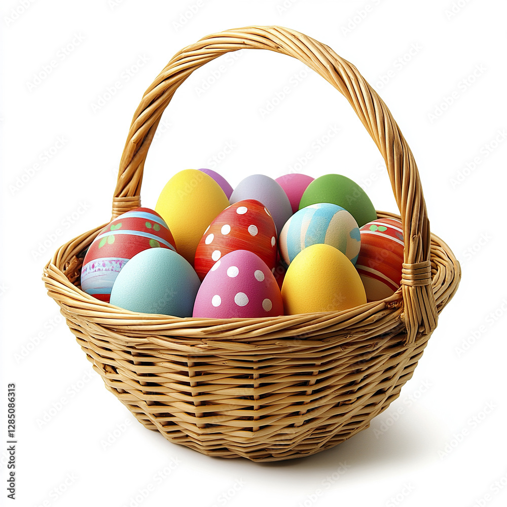 wicker basket filled with colorful Easter eggs wicker basket filled with colorful Easter eggs