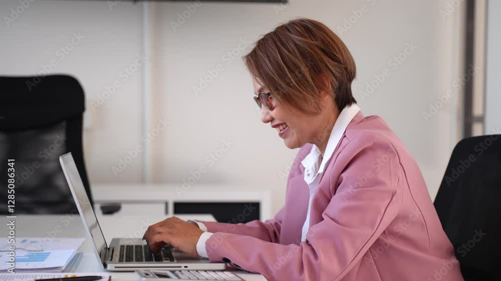 Senior Asian businesswoman typing on laptop and working on financial reports in a modern office environment Senior Asian businesswoman typing on laptop and working on financial reports in a modern office environment