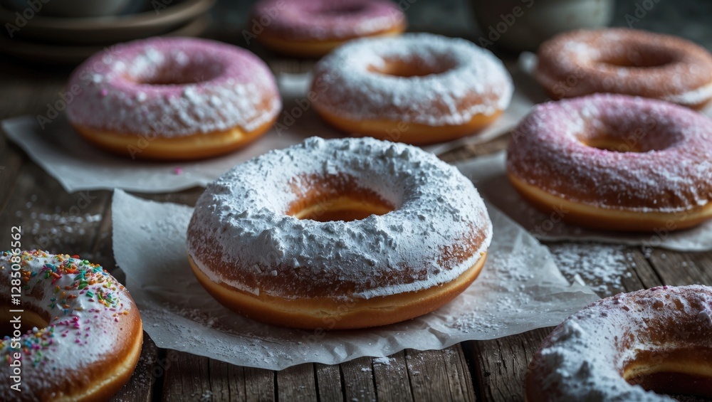 Artfully Arranged Powdered Sugar-Topped Elevated Donuts on Paper, Set on a Rustic Wooden Surface.