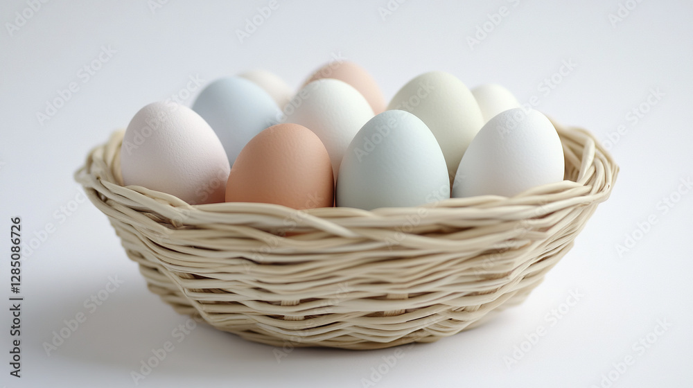 Pastel eggs in wicker basket on white background Pastel eggs in wicker basket on white background