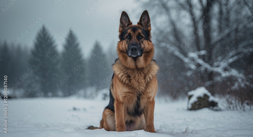 German shepherd sitting in snowy winter landscape. German shepherd sitting in snowy winter landscape.