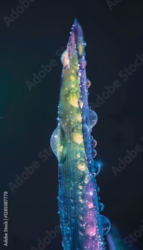 Macro shot of glowing droplets of morning dew clinging to a single blade of grass, cinematic delicate detail photo