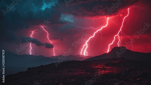 Apocalyptic religious scene - infernal landscape, vivid lightning in dark red skies, day of reckoning, world's end, everlasting punishment photo