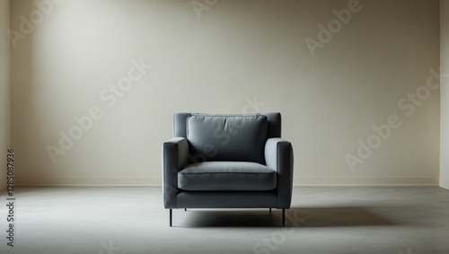 A single armchair placed in a sleek, minimalist environment with plain, light cream walls as a backdrop.
