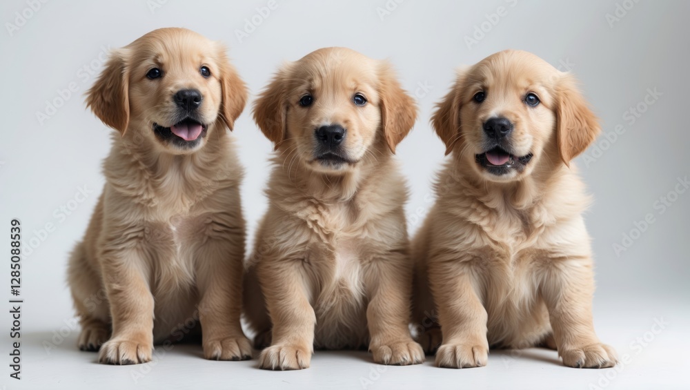 Behavioral expressions of golden retriever puppies positioned alone against a white backdrop Behavioral expressions of golden retriever puppies positioned alone against a white backdrop