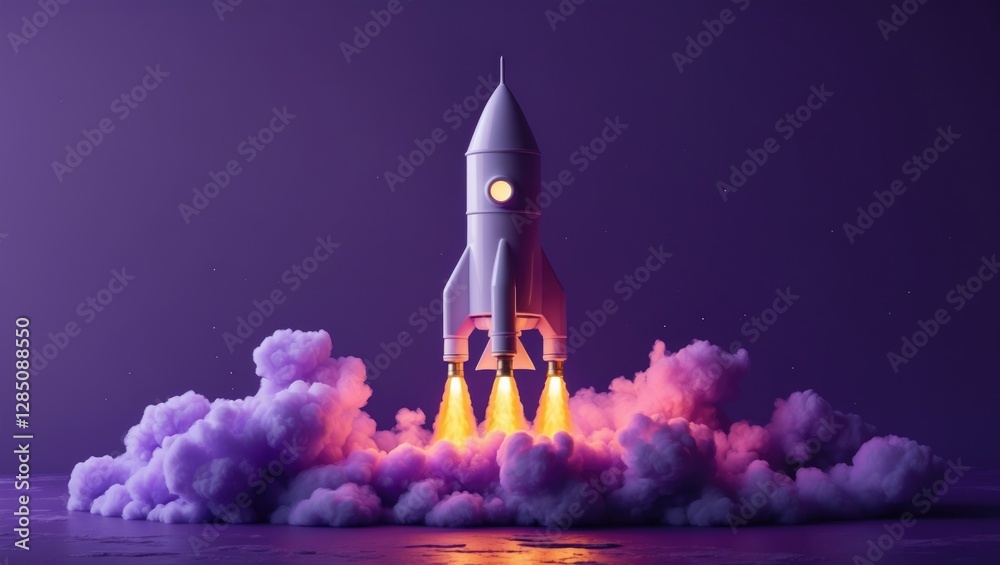 Obraz premium Vibrant purple rocket concept for a new venture. Space vehicle launch. SEO tactics and enhancement. Business-themed space icon for a whimsical design against a violet backdrop.
