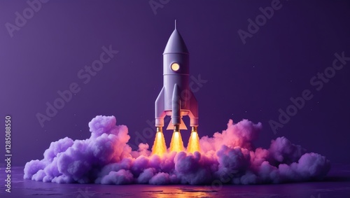 Fototapeta Naklejka Na Ścianę i Meble -  Vibrant purple rocket concept for a new venture. Space vehicle launch. SEO tactics and enhancement. Business-themed space icon for a whimsical design against a violet backdrop.
