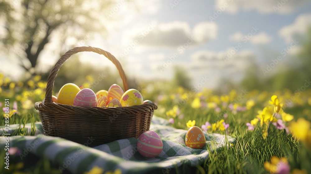 Colorful Easter eggs in basket on checkered blanket outdoors Colorful Easter eggs in basket on checkered blanket outdoors