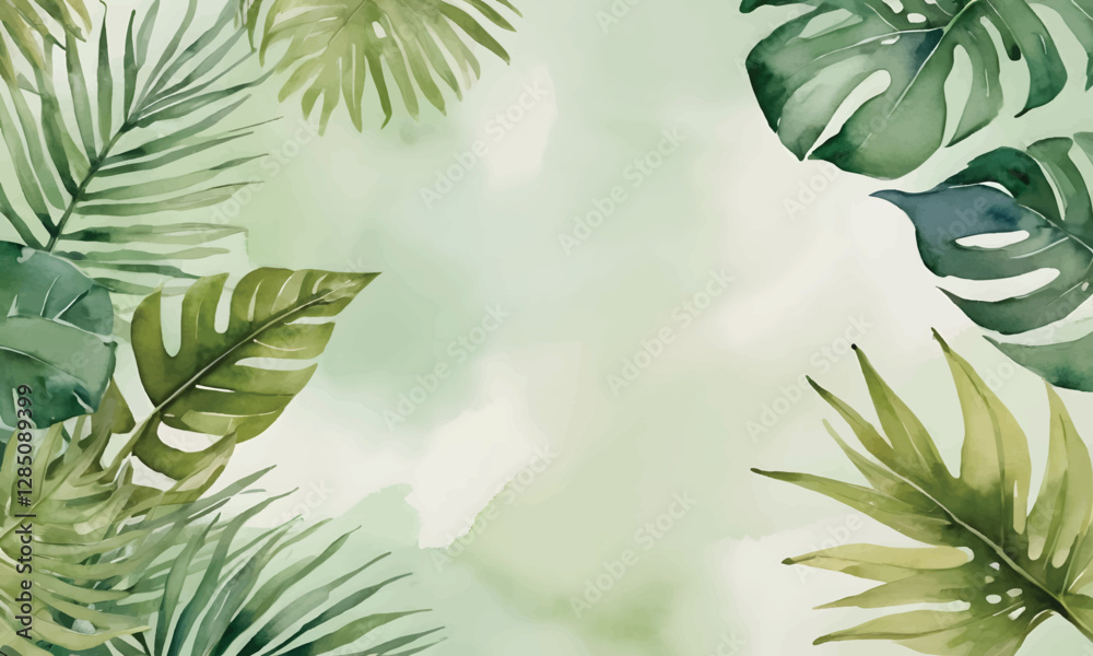 Tropical Botanical Monstera and palm leaves blend seamlessly into an artistic watercolor composition Tropical Botanical Monstera and palm leaves blend seamlessly into an artistic watercolor composition