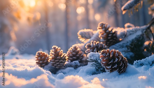 Close-up of glowing frost-covered pinecones resting on a snow-dusted forest floor, cinematic winter serenity