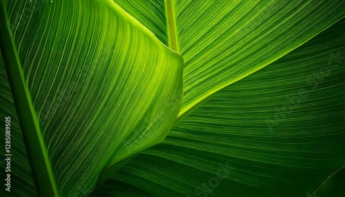 Lush banana leaf with intricate veins and vibrant green tones. Natural texture.