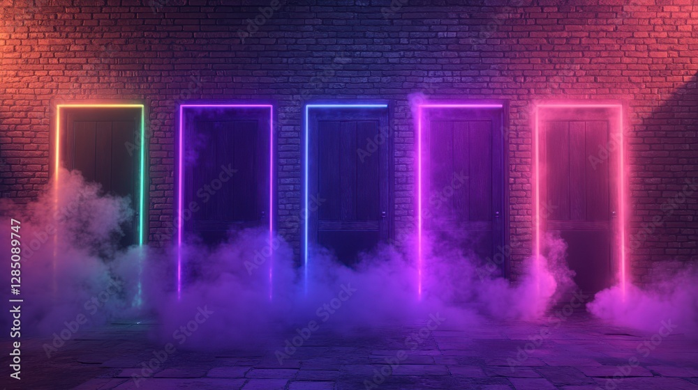 Naklejka premium Glowing doors, brick wall, smoke, choices, mystery, background
