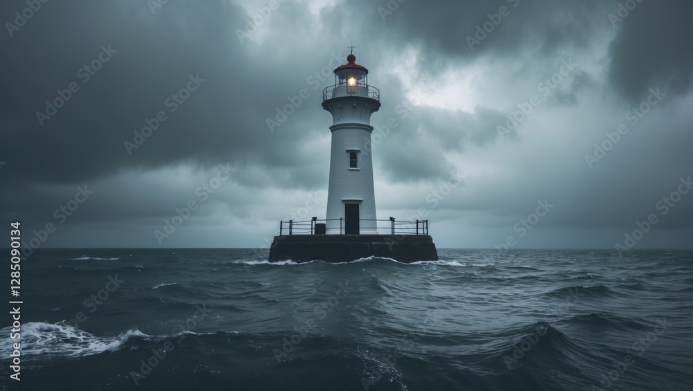 Obraz premium A lighthouse rises from the ocean under a cloudy sky.