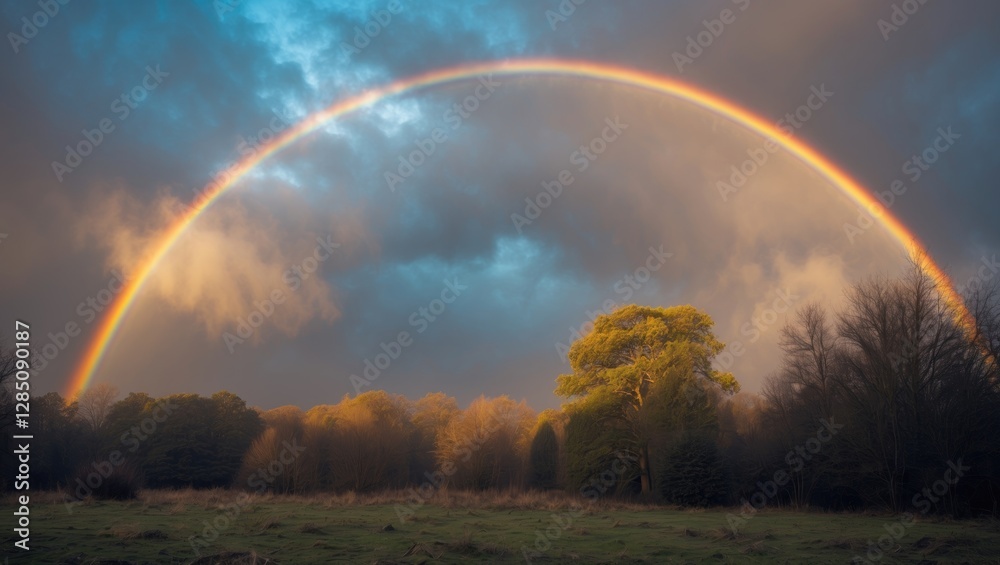 Colorful rainbow spanning the sky over a serene forest landscape Colorful rainbow spanning the sky over a serene forest landscape