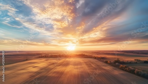 Aerial view of glowing golden fields illuminated by soft pastel twilight skies, cinematic serene natural wonder