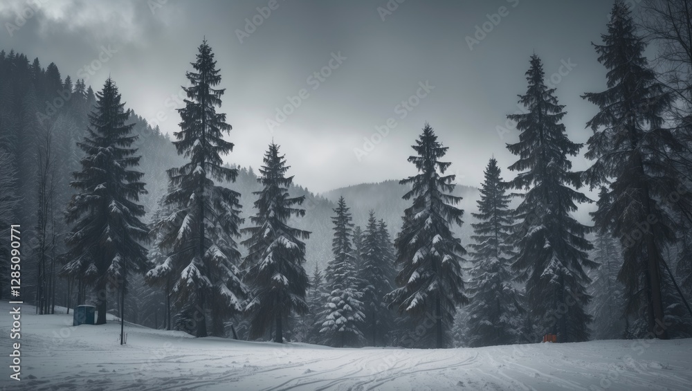Evergreen trees in a snowy Carpathian ski area on a winter day Evergreen trees in a snowy Carpathian ski area on a winter day