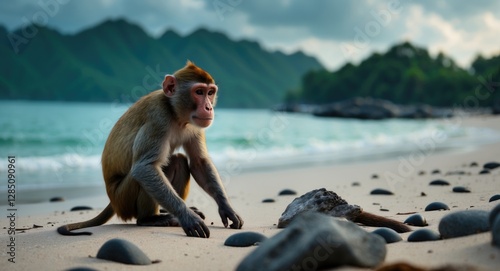 Solitary Wold Monkey at Teluk Cempedak Beach in Kuantan, Pahang, Malaysia. photo