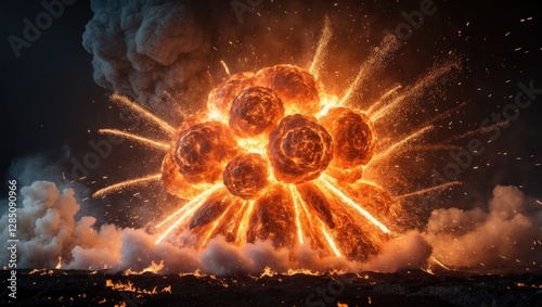 Massive, intensely fiery blast with sparks and heated smoke on a dark backdrop