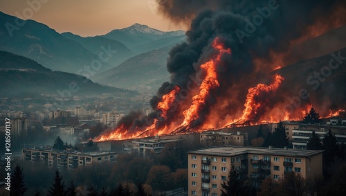 A devastating blaze sweeping through a mountainous city