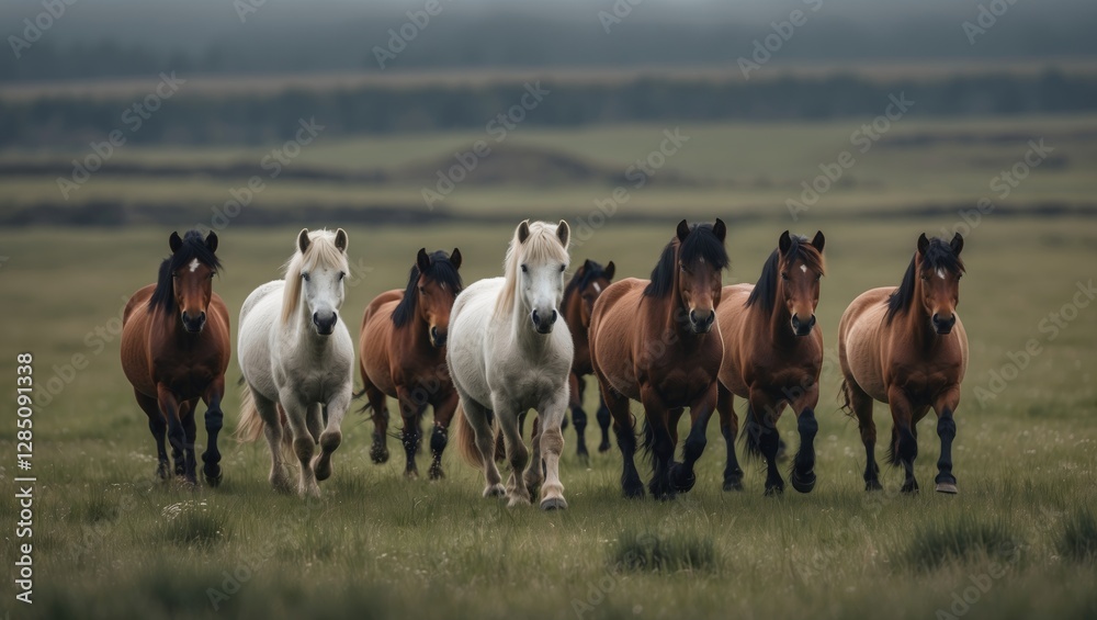 Group of Icelandic horses galloping freely through the meadows during winter. Group of Icelandic horses galloping freely through the meadows during winter.
