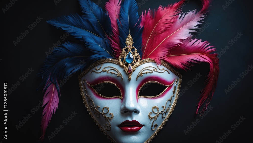 Masquerade mask featuring vibrant feathers against a dark backdrop Masquerade mask featuring vibrant feathers against a dark backdrop