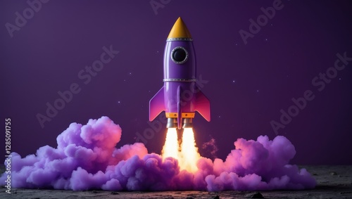 Fototapeta Naklejka Na Ścianę i Meble -  Vibrant purple spacecraft launch idea for a new venture. Business-related space illustration featuring a cartoon-style rocket lifting off against a lavender backdrop. SEO techniques and optimizatio...