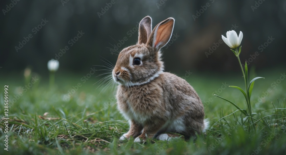 Charming fluffy young rabbit perched on green grass with a natural backdrop. Adorable wild animal in springtime outdoors. Cute fur bunny on the meadow, embodying the spirit of Easter pets.