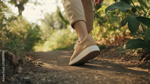 Foot health maintenance shown by a senior person wearing comfortable shoes for walking. Featuring ease and comfort