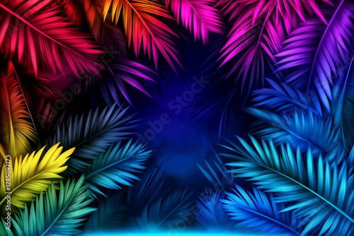 Colorful image of leaves with a blue background. The leaves are in various colors, including yellow, green, and red. The image has a vibrant and lively mood