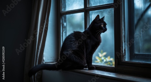 dark feline perched on a window ledge gazing outside. Selective focus. photo