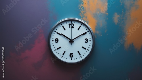 Wallpaper Mural Clock graphic within a circular frame. Minimalistic image set against a vibrant background. Torontodigital.ca