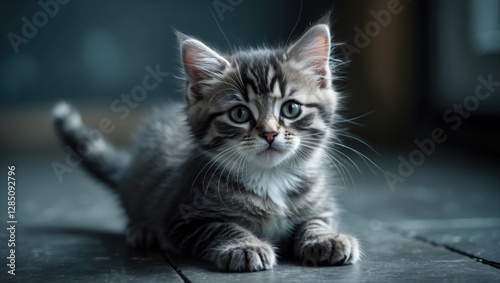Kitten gazing up at you from the ground
