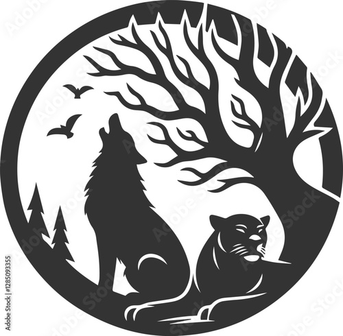 A wolf howling at a panther resting in a tree animal vector silhouette