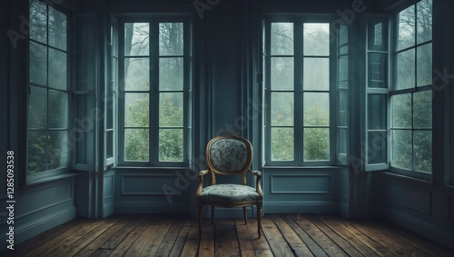 A stylish chair is framed by two windows with natural light and a wooden floor.