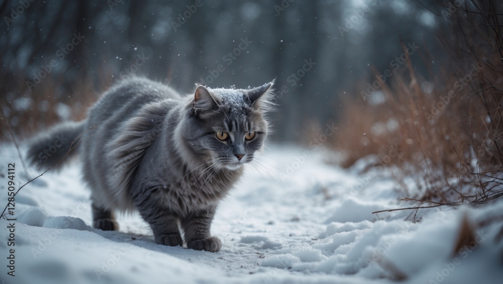 Fluffy gray cat stealthily prowls through snow during winter. Fluffy gray cat stealthily prowls through snow during winter.
