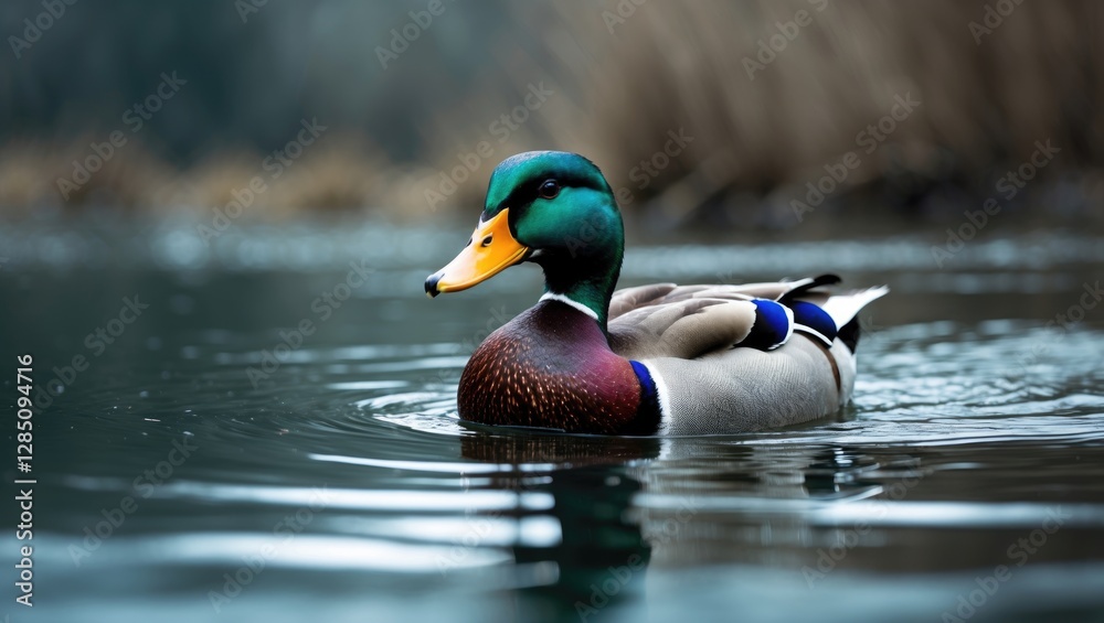 A beautiful male Mallard Duck (Anas platyrhynchos) gliding across a tranquil lake.