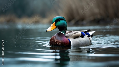 Obraz na płótnie A beautiful male Mallard Duck (Anas platyrhynchos) gliding across a tranquil lake. w salonie