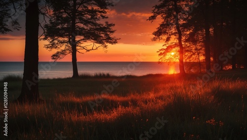 Fototapeta Naklejka Na Ścianę i Meble -  Warm glow of sunset casting shadows on grass and trees. Vibrant orange light, natural landscape at dusk. Baltic Sea scenery on a summer evening.