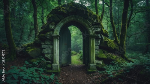 neglected gateway in an enchanting emerald forest featuring a stone arch covered in moss. magical passage to another realm. Journeying Image of sorcerers