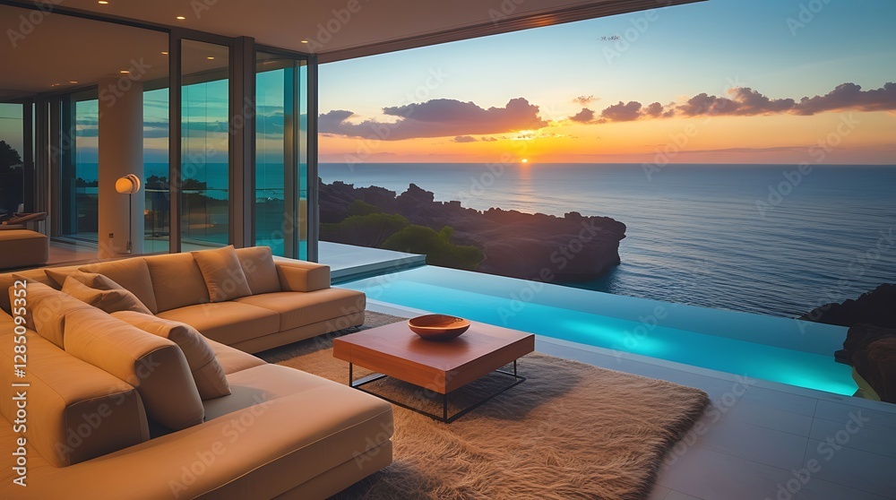 Fototapeta premium Luxurious modern living room with floor-to-ceiling glass windows overlooking an infinity pool and ocean at sunset, featuring elegant furniture, warm lighting, and breathtaking views
