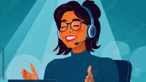 Engaging virtual meeting with a smiling woman in a headset, bright background, and soft lighting