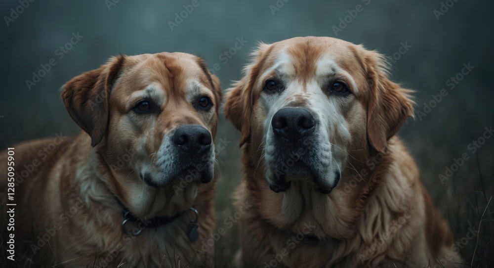 Detailed facial view of two golden retrievers. Detailed facial view of two golden retrievers.
