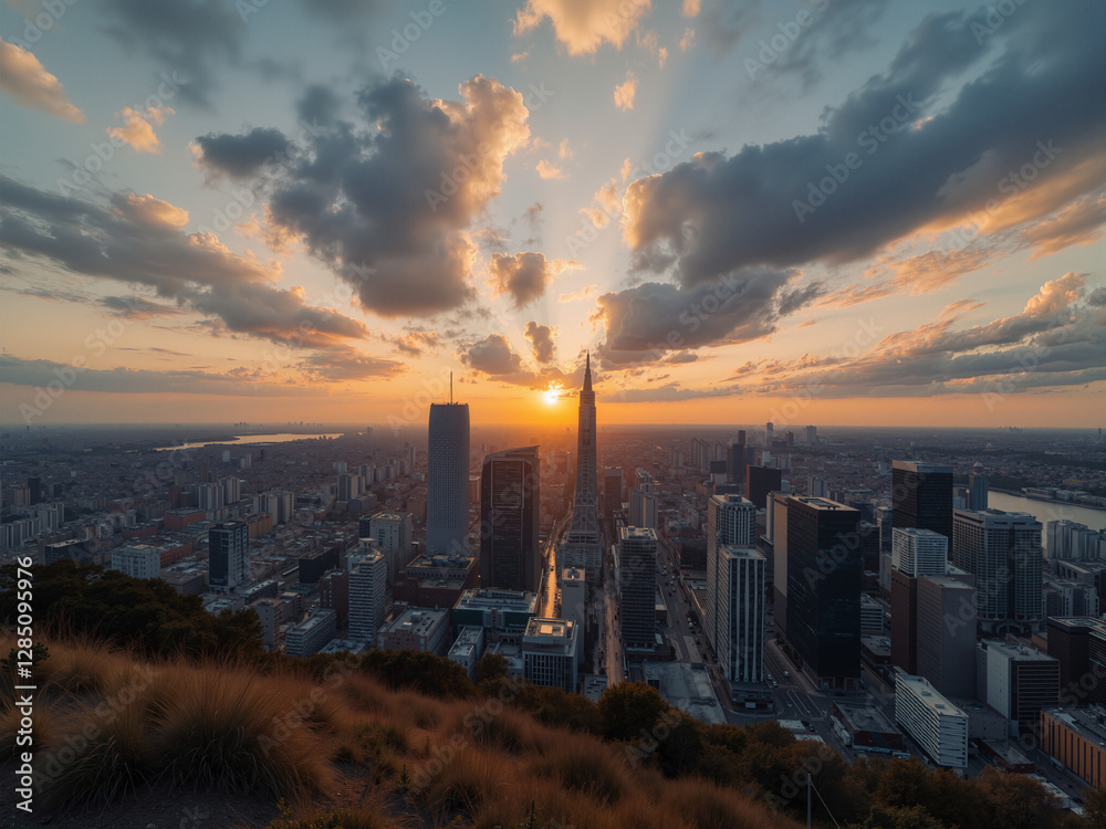 Naklejka premium Sunset over building