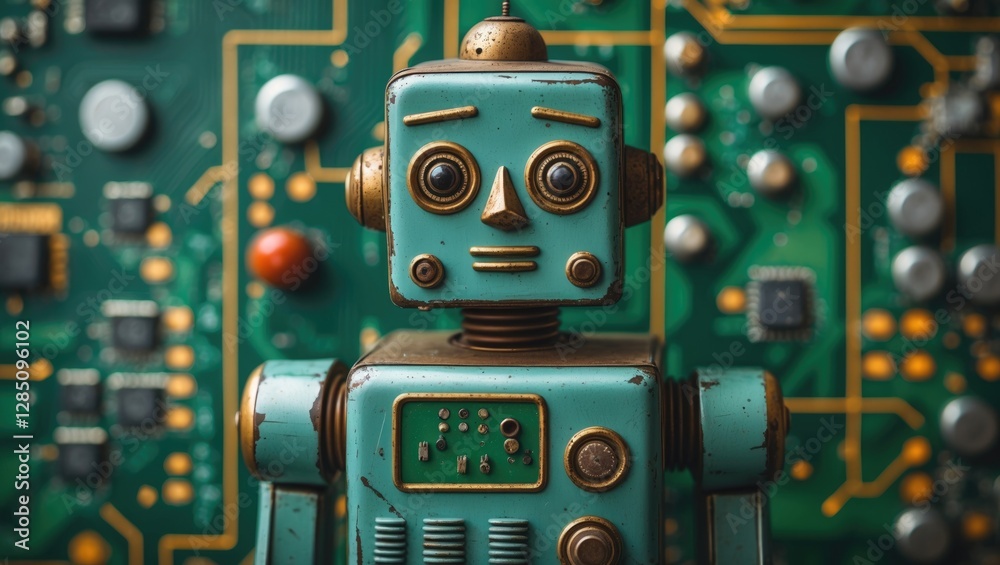 Fototapeta premium Vintage tin robot toy set against a green circuit board backdrop, embodying concepts of artificial intelligence.